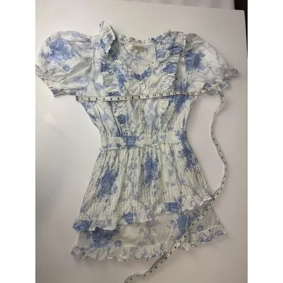 LoveShackFancy Blue & White Toile Ruffle Mini Dress Puff Sleeve Romantic Small - Picture 3 of 9